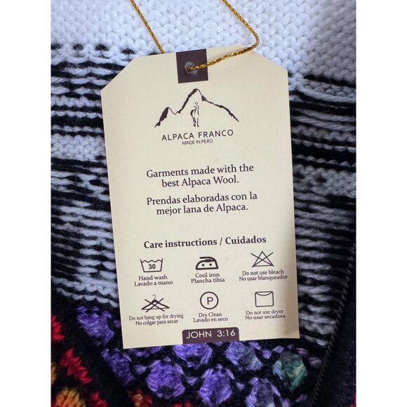 Alpaca White Multi-color Peruvian Wool Zip Cardigan Sweater Hooded Pockets Sz M - Picture 5 of 6